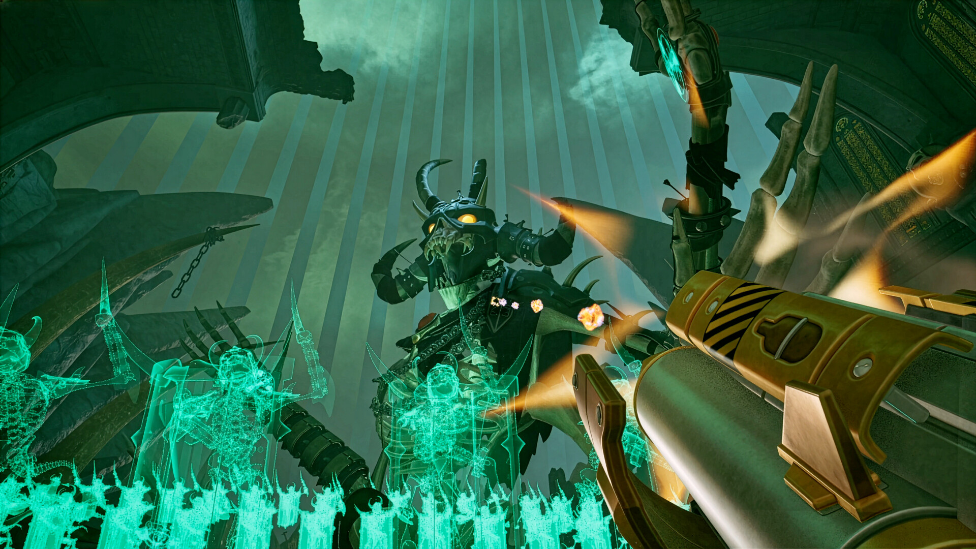 Gameplay-Screenshot aus Serious Sam: Shatterverse zeigt Sam Stone im Kampf gegen eine Horde von Gegnern in einer Arena