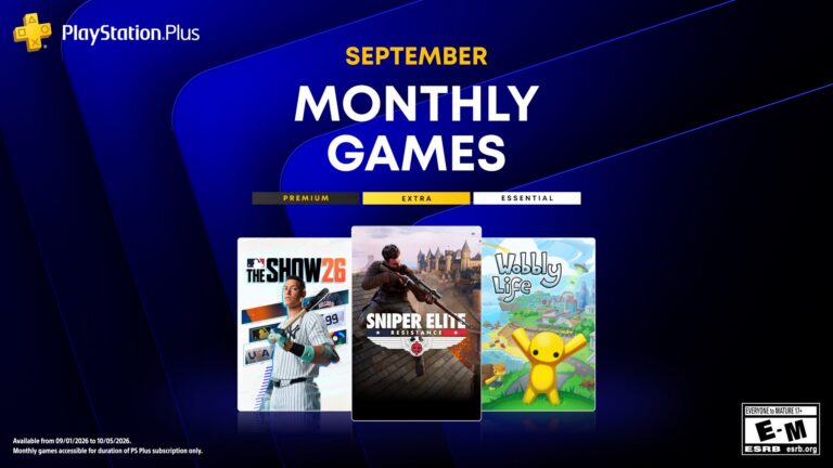 Sammelbild der vier PlayStation-Plus-Spiele für September 2026: Sniper Elite: Resistance, MLB The Show 26, Wobbly Life und Chained Echoes