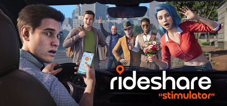 Offizielles Steam-Artwork zu Rideshare Stimulator: Ein Fahrer blickt geschockt auf sein Smartphone, im Rueckspiegel sind mehrere skurrile Fahrgaeste zu sehen