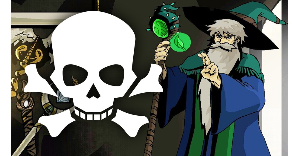 Illustration zum Runeveil-Piraterie-Aufruf mit Totenkopf-Symbol und dem Zauberer-Charakter aus dem Spiel
