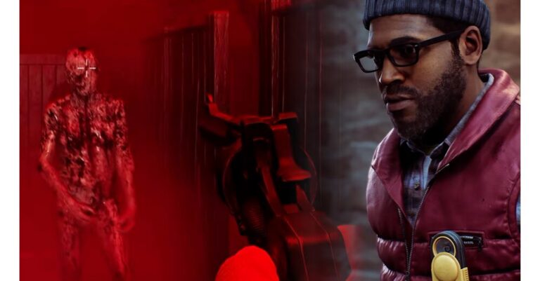 Protagonist Simon Ordell mit Waffe in einer roten Nebelszene aus Silent Hill: Townfall