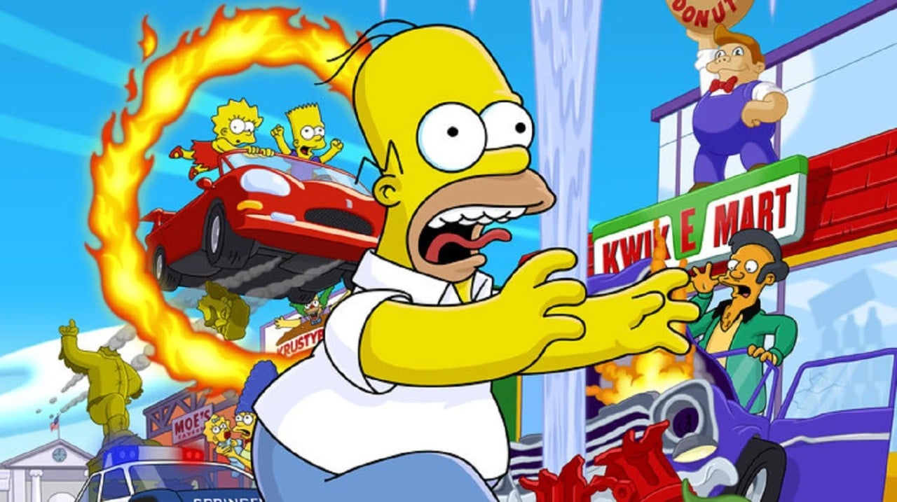 Szene aus dem Kult-Spiel The Simpsons: Hit and Run mit Homer Simpson im Auto