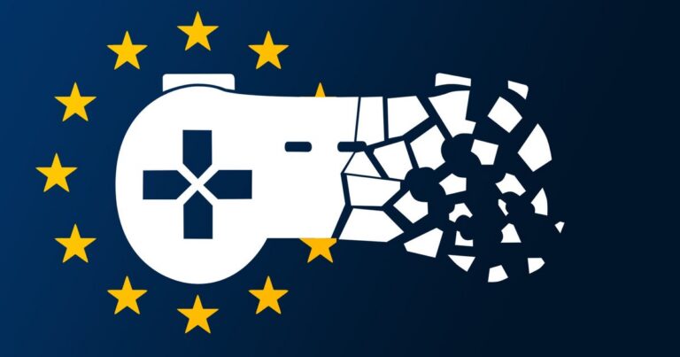 Symbolgrafik zur Stop-Killing-Games-Kampagne: Ein zerbröckelnder weißer Controller vor dem Sternenkranz der EU-Flagge