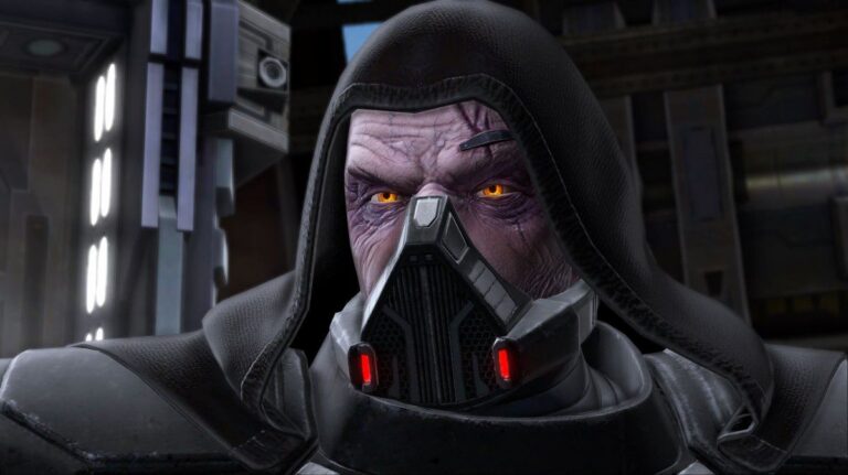 Ein vermummter Sith-Krieger mit rot leuchtenden Atemschutz-Visieren blickt drohend in die Kamera, Szene aus Star Wars: The Old Republic