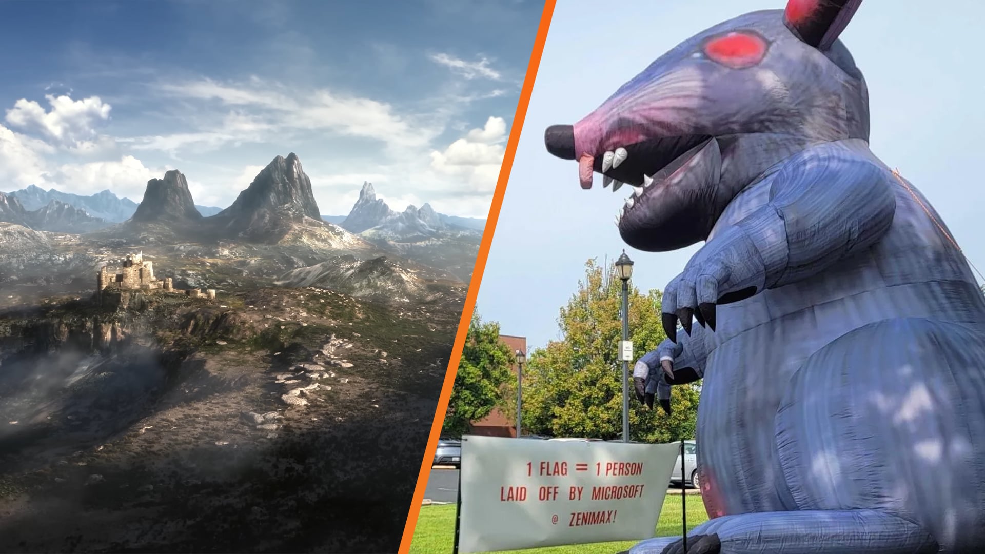 Bethesda-Mitarbeitende protestieren mit der aufblasbaren Ratte Scabby vor dem Studio während des internen TES6-Previews