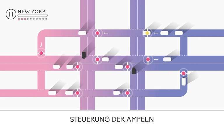 Traffix Gameplay-Screenshot mit Ampelsteuerung in New York