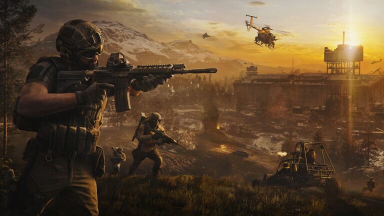 Squad aus bewaffneten Soldaten im Milsim-Shooter Wardogs bei Sonnenuntergang, im Hintergrund ein Kampfhubschrauber und ein Fahrzeug im Gefecht