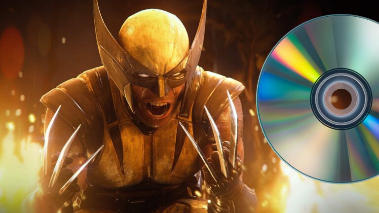 Wolverine mit ausgefahrenen Krallen neben einer PS5-Spieldisc als Symbol für die vollständige Disc-Installation