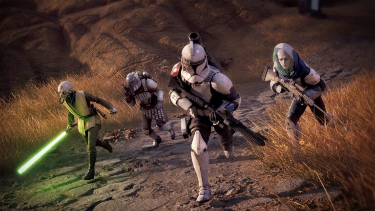 Screenshot aus Star Wars Zero Company: Ein Jedi mit Lichtschwert fuehrt eine Gruppe Soldaten und Klontrooper durch ein Grasfeld