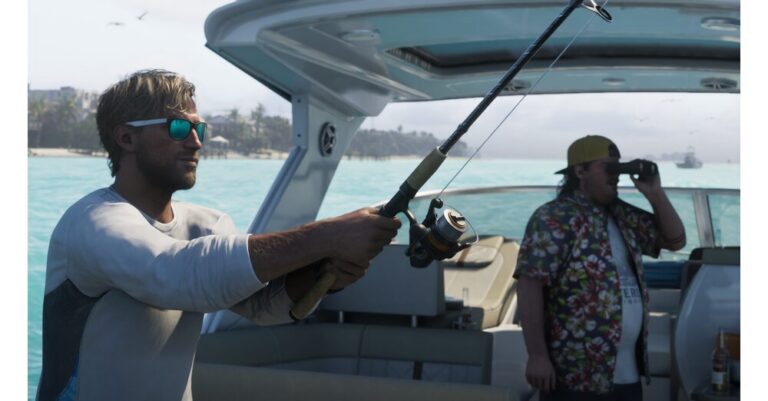 GTA 6 character Jason fishing at a body of water in Vice City