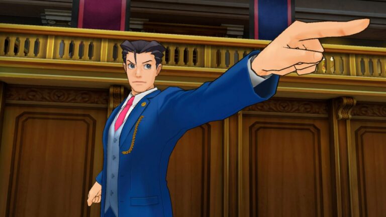 Scene from Ace Attorney: Dual Destinies VR featuring Phoenix Wright in the courtroom