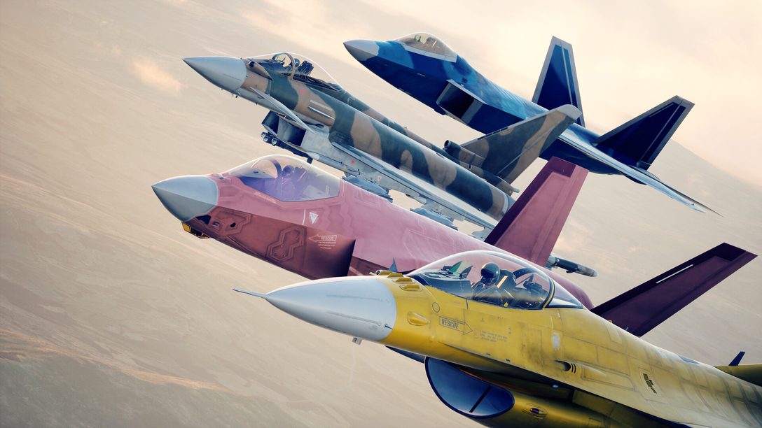 Formation aus vier bemalten Kampfjets im Sonnenuntergang in Ace Combat 8: Wings of Theve