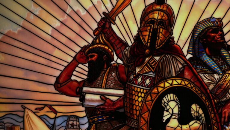 Stylized Age of Empires artwork featuring ancient warriors and a pharaoh in the background.