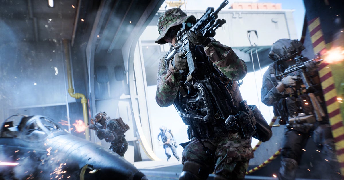 Soldiers fighting aboard an aircraft carrier in a Battlefield 6 gameplay scene