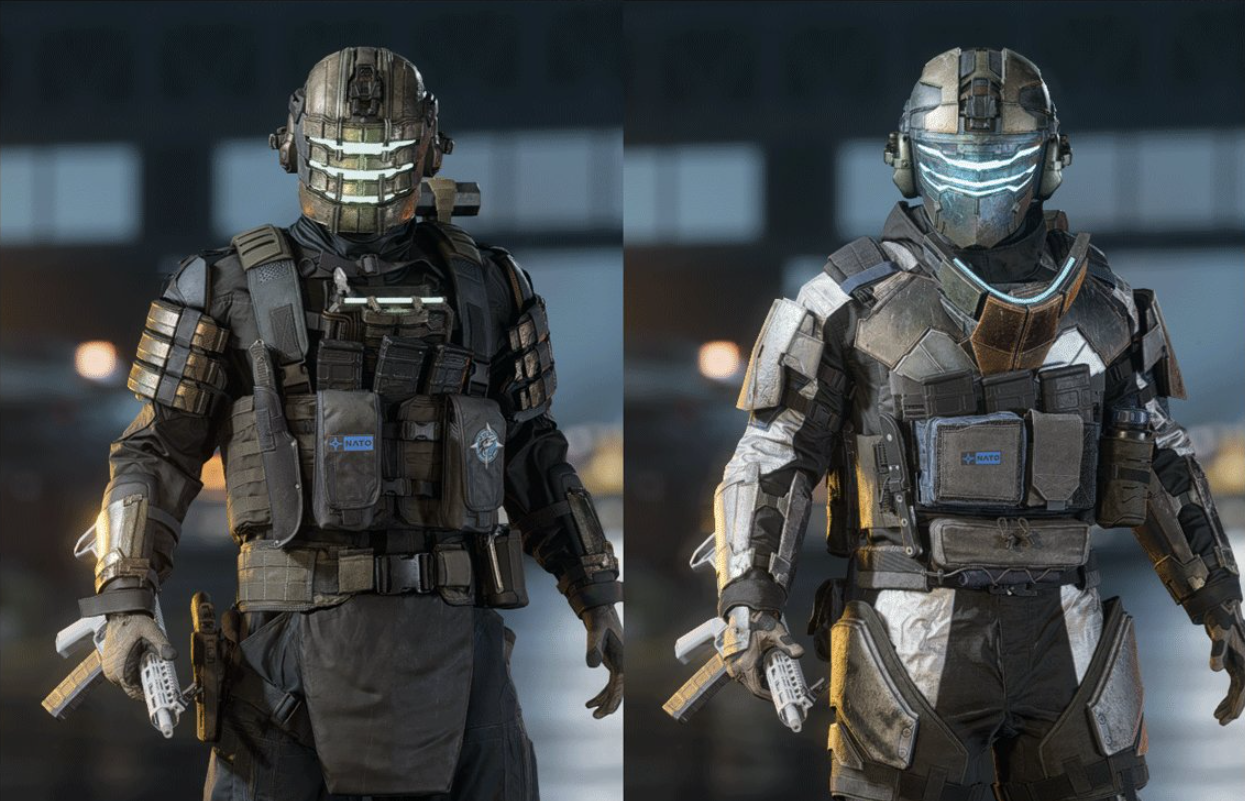 Zwei geleakte Battlefield-6-Ruestungs-Skins im Dead-Space-Stil mit leuchtenden Helm-Visieren, angeblich Teil eines Season-5-Crossovers