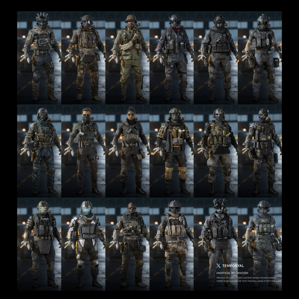 Overview of 18 leaked Battlefield 6 character skins in a grid view, with the leaker Temporyal's watermark