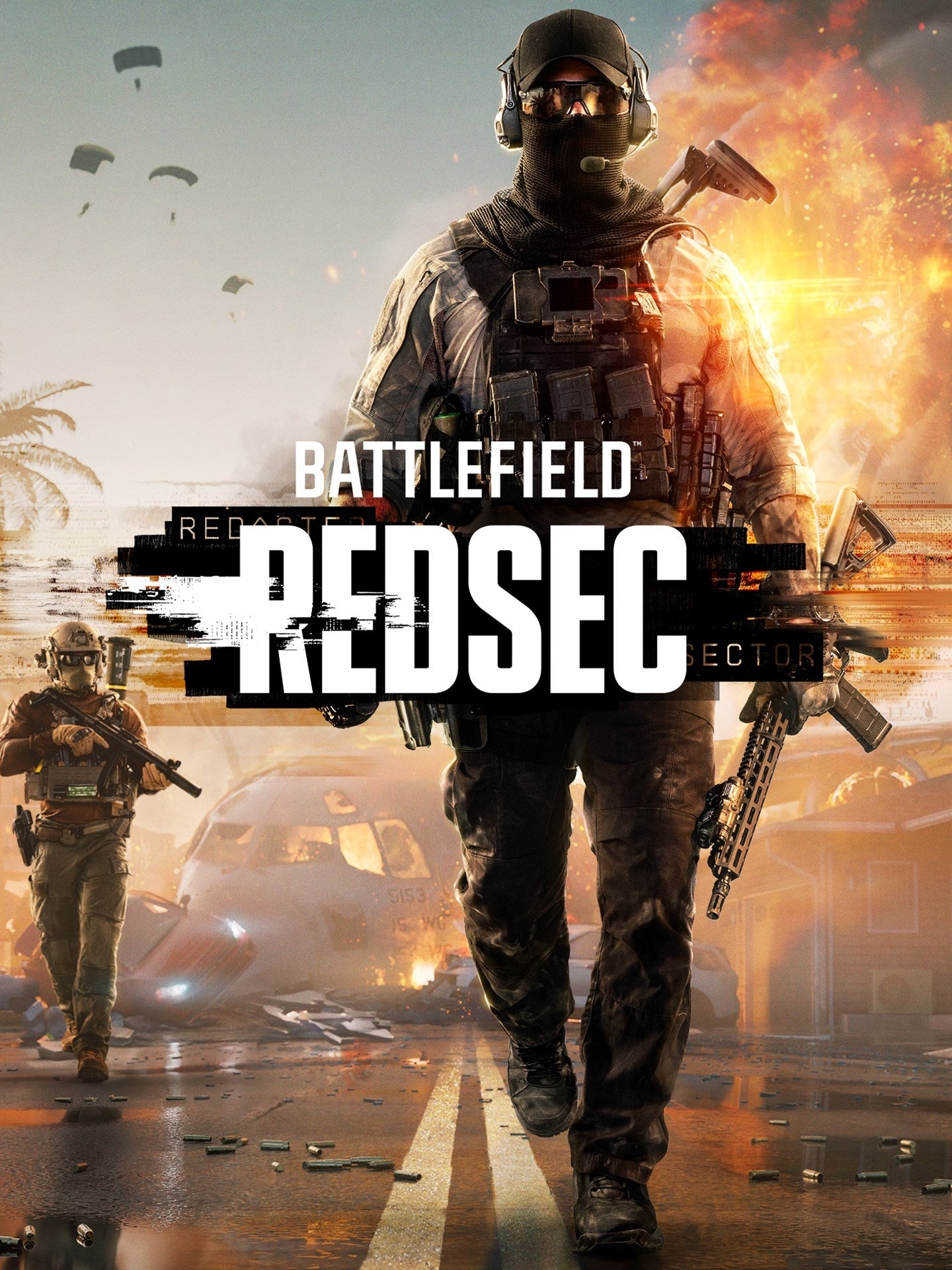 Offizielles Key Art zu Battlefield REDSEC mit Soldaten vor einer explodierenden Kulisse