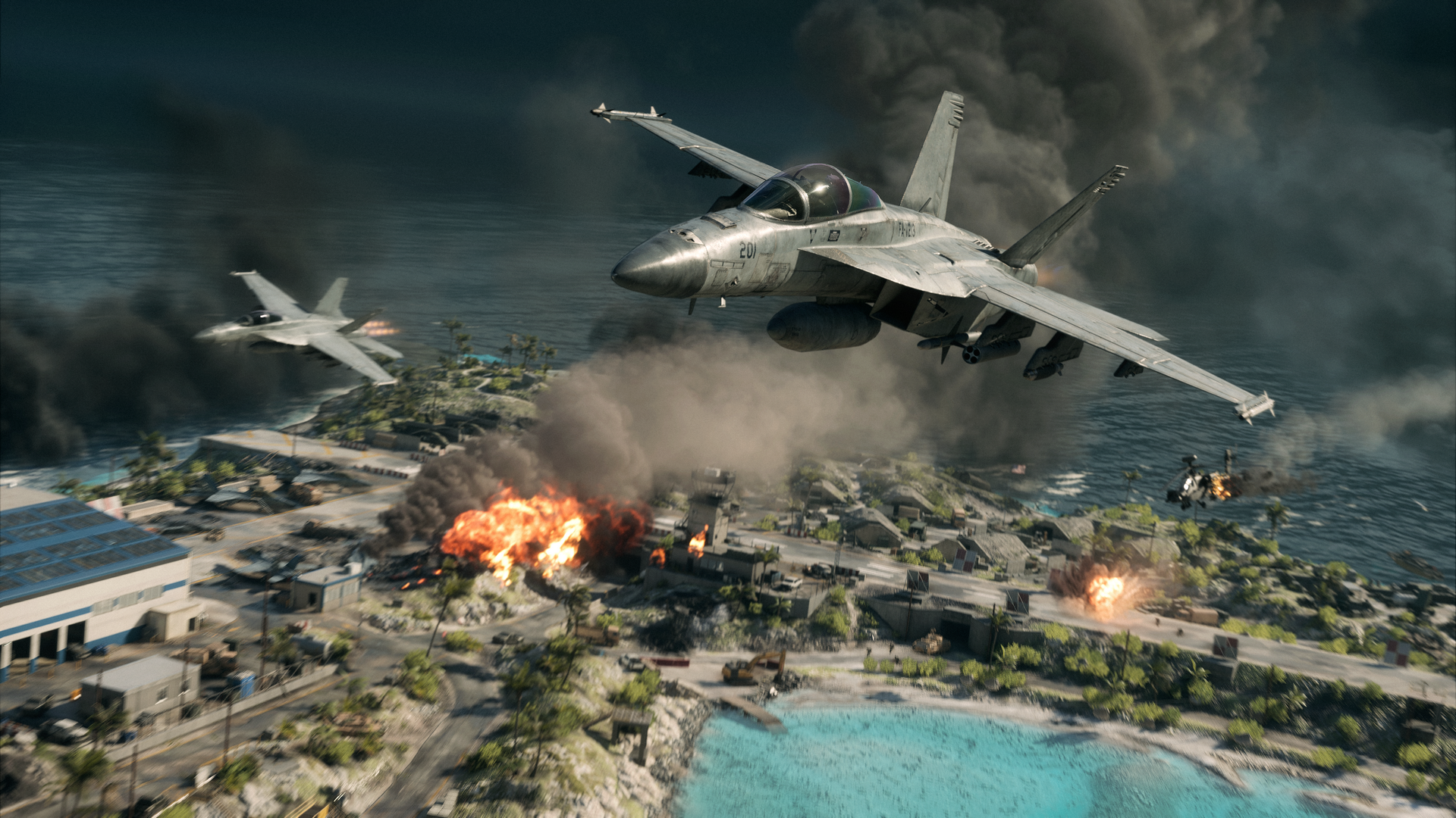 Zwei Kampfjets fliegen tief über eine brennende Küstenstadt in Battlefield 6