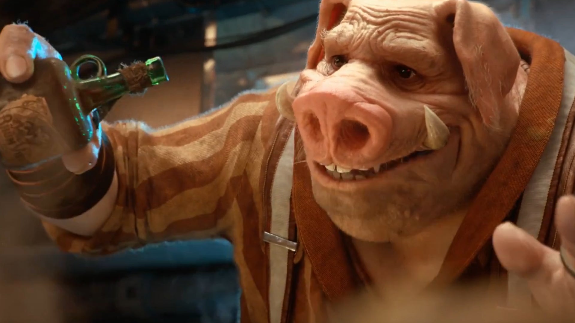Close-up of a pig character from the E3 2018 trailer of Beyond Good and Evil 2, holding a glowing bottle
