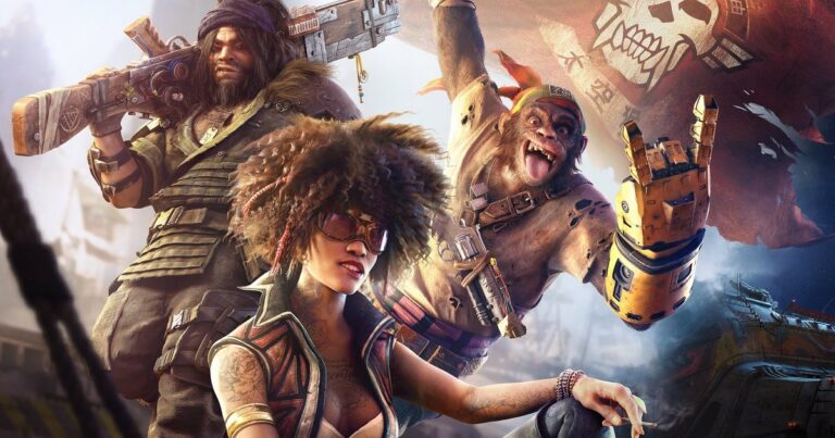 Key-Art zu Beyond Good and Evil 2 mit den Hauptfiguren Knox, Pey'j und einer weiteren Kämpferin vor einer Piratenflagge