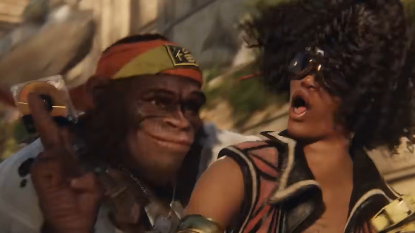 Trailer scene from Beyond Good and Evil 2: The monkey Knox grins next to a female companion with a striking hairstyle