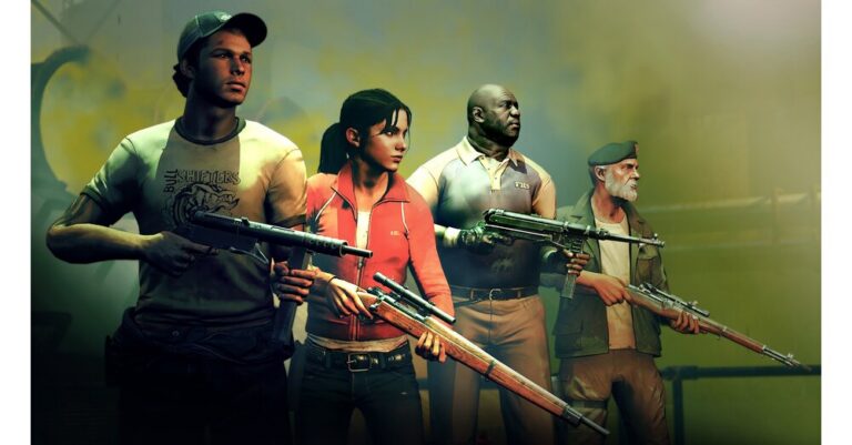 Scene from Left 4 Dead 2: Survivors fighting their way through a zombie-overrun street at night