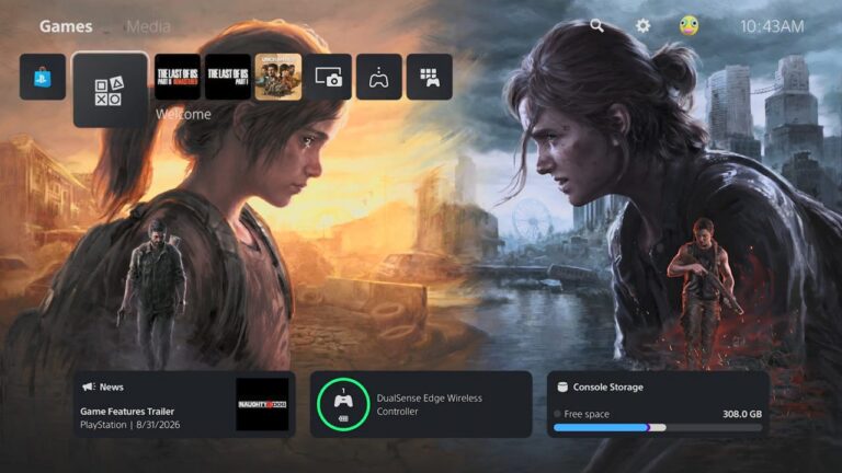 Animated PS5 theme background for The Last of Us Day 2026 featuring motifs of Ellie, Joel, and Abby.
