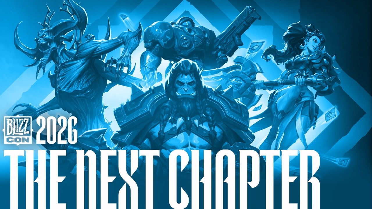 Titelbild BlizzCon 2026 The Next Chapter mit Diablo-, Warcraft- und StarCraft-Figuren in Blautönen