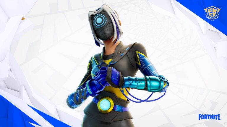 Der Fortnite-Skin Champion Focus in blau-goldener Rüstung vor weißem Hintergrund mit Fortnite-Logo