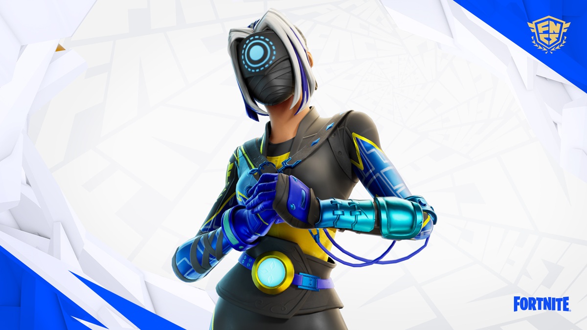 Der Fortnite-Skin Champion Focus in blau-goldener Rüstung vor weißem Hintergrund mit Fortnite-Logo
