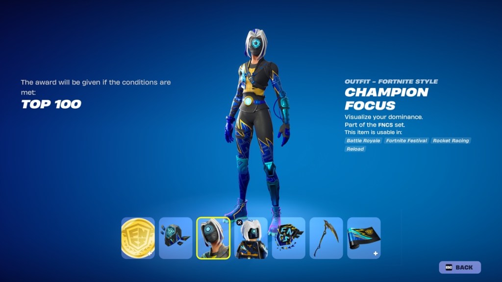 Ingame-Anzeige im Fortnite-Battle-Pass-Menü: Der Champion-Focus-Skin wird freigeschaltet, wenn die Bedingung Top 100 in der Platzierung erreicht wird