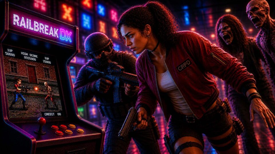 Offizielles Halloween-Artwork zu Call of Duty: Black Ops 7 und Warzone Season 06 The Haunting mit Operator, Soldat und Zombies in einer Spielhalle
