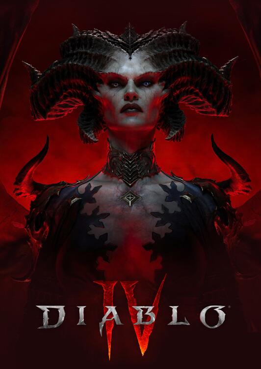 Offizielles Diablo-4-Schlüsselbild zeigt die dämonische Lilith mit Hörnern vor rotem Hintergrund und dem Spiellogo