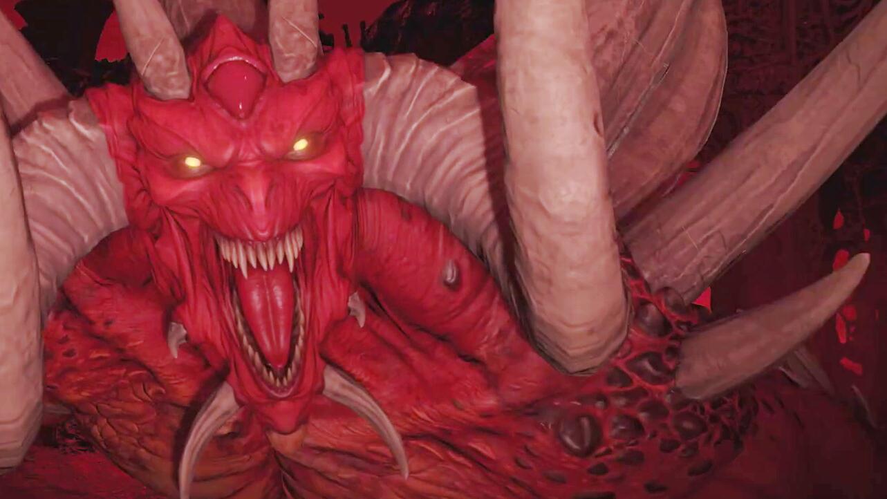 Nahaufnahme eines dämonischen Erzfeinds aus Diablo 4 mit rotglühenden Augen, spitzen Hörnern und Reißzähnen