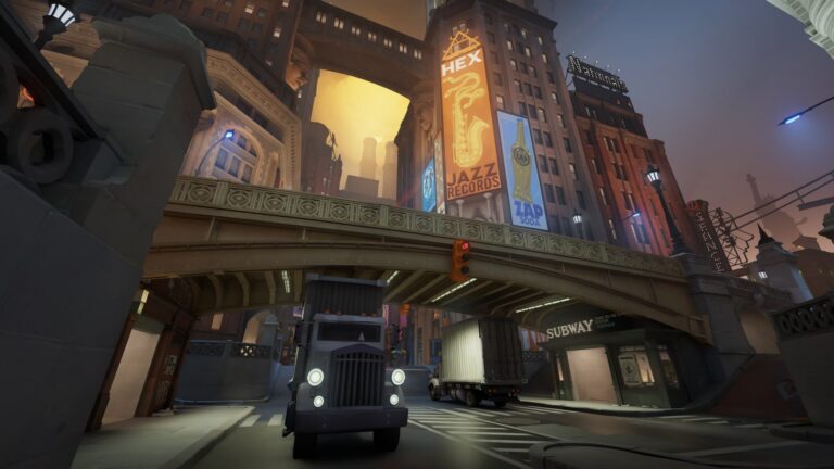 Stylized street scene from Deadlock featuring a truck under a bridge, a 'Jazz Records' billboard, and a subway entrance