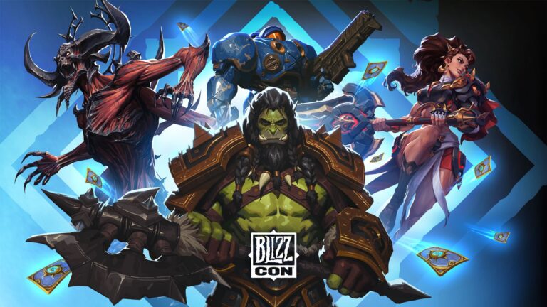 BlizzCon 2026 key art featuring Diablo demon, Warcraft orc, and other Blizzard characters