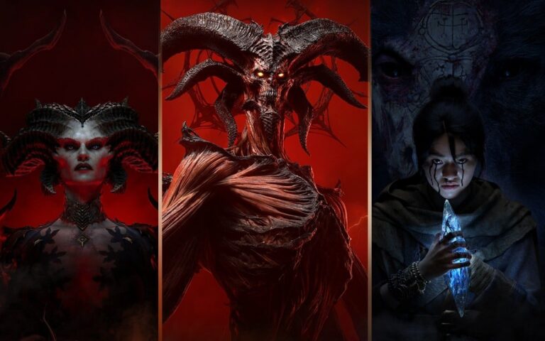 Key-Art zu Diablo IV mit drei Illustrationen: Blutmagierin, der Erzdämonin Lilith und einer Zauberin