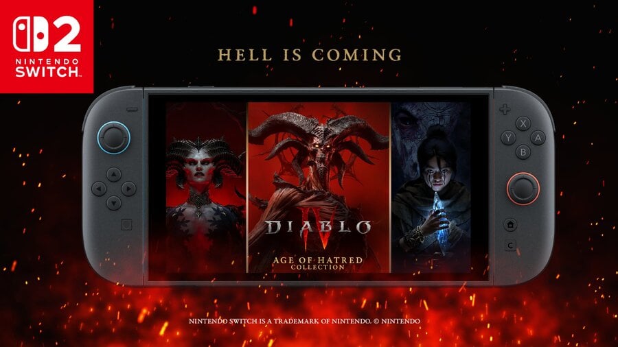 Werbegrafik zur Diablo IV Age of Hatred Collection auf der Nintendo Switch 2 mit dem Schriftzug Hell Is Coming