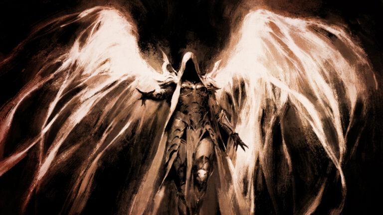 Stylized Diablo illustration of a winged, armored creature with spread bright wings against a dark background
