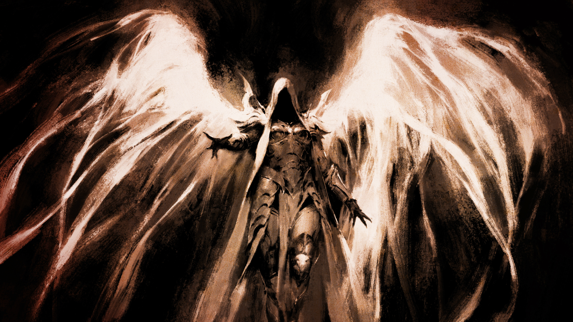 Stilisierte Diablo-Illustration eines geflügelten, gepanzerten Wesens mit ausgebreiteten hellen Schwingen vor dunklem Hintergrund