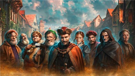 Gruppenbild verschiedener Bürger und Handwerker-Charaktere aus Die Gilde 1 Remake: Europa 1410 vor einer mittelalterlichen Stadtkulisse