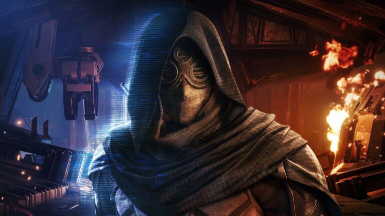 Hooded character with a respirator mask in a workshop in Dune: Awakening, with sparks and machinery in the background