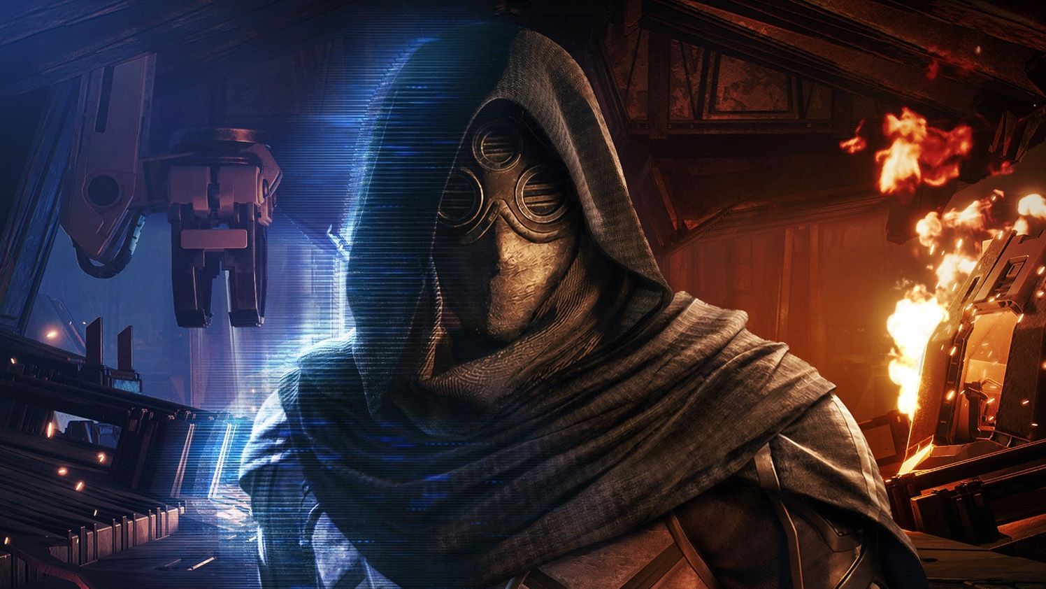 Vermummter Charakter mit Atemschutzmaske in einer Werkstatt in Dune: Awakening, im Hintergrund Funken und Maschinen