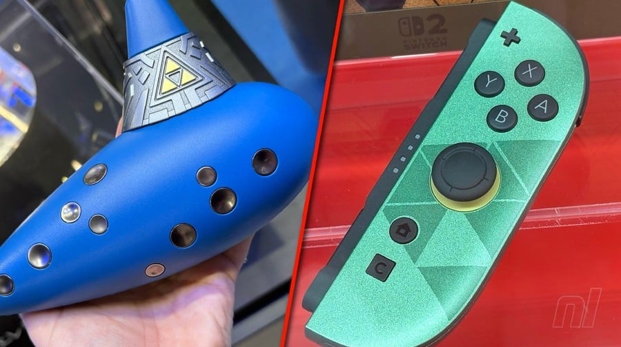Die blaue Electric Ocarina als physischer Controller neben einem dunkelgrünen Joy-Con im Zelda-Design