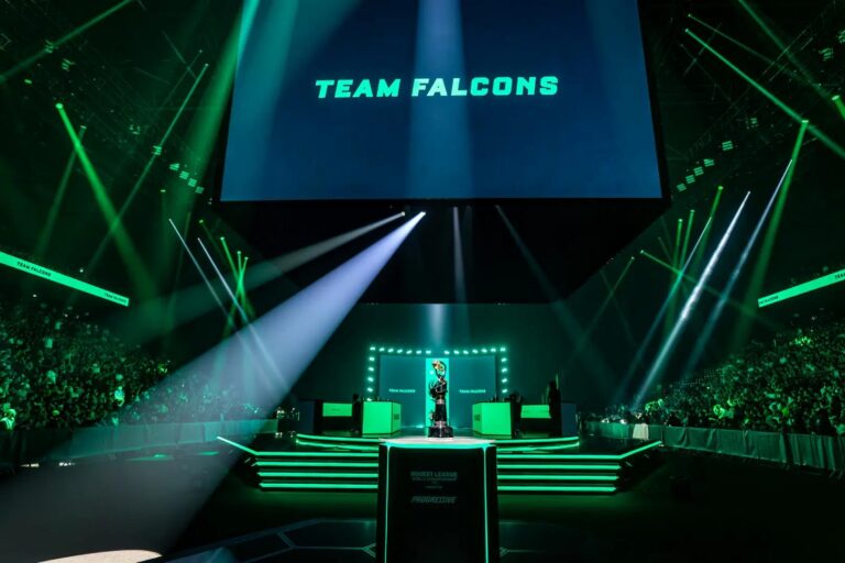 RLCS 2026 World Championship stage with Team Falcons logo on the big screen
