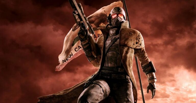 An NCR Ranger from Fallout: New Vegas, the Fallout spin-off developed by Obsidian Entertainment, against a red cloudy sky