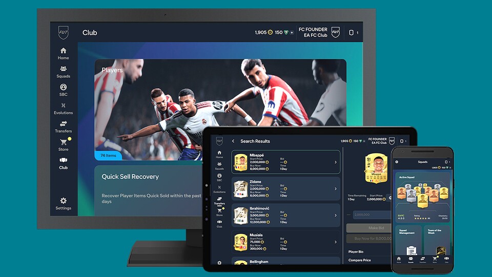 Die EA Sports FC 27 Web- und Companion-App mit Transfermarkt-Ansicht auf Desktop, Tablet und Smartphone