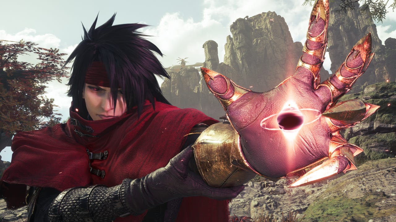 Vincent Valentine kämpft in Final Fantasy 7 Revelation vor einer Felslandschaft