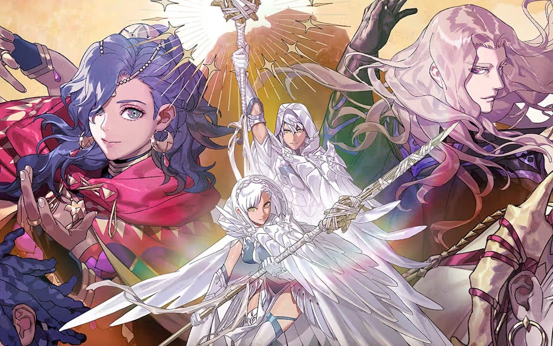 Offizielles Artwork zu Fire Emblem: Fortune's Weave mit den weiss gekleideten Heldinnen und Helden des neuen Switch-2-Rollenspiels