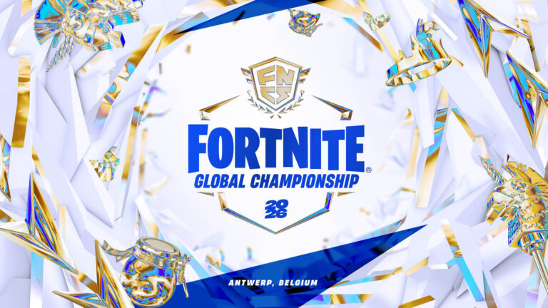 Offizielles Key-Art-Motiv der Fortnite FNCS Global Championship 2026 mit goldenen Pokal-Elementen und dem Schriftzug Antwerp, Belgium